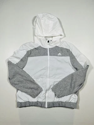 阿迪达斯夹克女式中号白色灰色连帽全拉链混合风衣运动 — 第 1/4 张图片