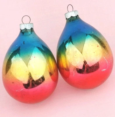2 Vintage Shiny Brite Egg Teardrop Ornaments Red Gold Aqua Ombre 3.5" - Image 1 of 4