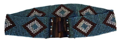 Chico’s Belt S/M Interlocking Wood Buckle Glass Beaded Bohemian Chic Stretchy - Image 1 of 4