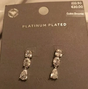 M&S Fab Sparkly CZ Pear Oval Diamante Drop Stud Earrings silver £22 - Picture 1 of 3