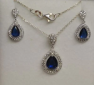 Parure 3PC Rhodié Goutte Bo Collier Sertie Saphir Diamant Cz Argent Dolly-Bijoux - Picture 1 of 4