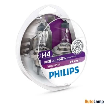 PHILIPS H4 VisionPlus Car Headlight Bulb 12V 60/55W P43t-38 12342VPS2 Twin - Image 1 of 2