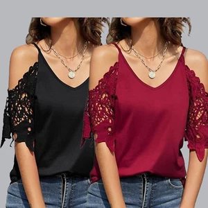Summer V Neck Cold Shoulder Tops for Women Off The Shoulder Lace Short Sleeve - Picture 1 of 13