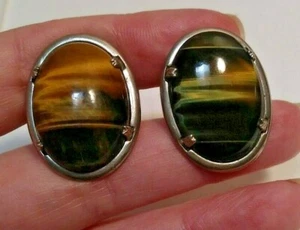 Vintage Tiger Eye Cufflinks Silver Tone One Brownish one Greenish M BX 8 - Picture 1 of 4
