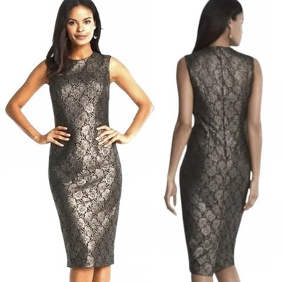 WHBM Preto Dourado Sobreposição de Renda Brilhante Vestido Clássico Coquetel Elegante Estanho - Imagem 1 de 4
