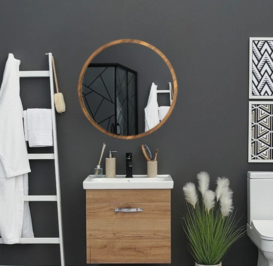 Round Mirror for Wall - Modern Mirror for Bathroom - Walnut  Mirror (28 inch )  - Image 1 of 4