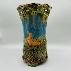 Vintage Majolica Pottery Vase Jardiniere Rabbits 11 Inches Tall - Picture 1 of 21