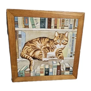 Lowell Herrero Vintage 1982 Signed Cat On Bookshelf Painted Tile Wall Decor  - Picture 1 of 3