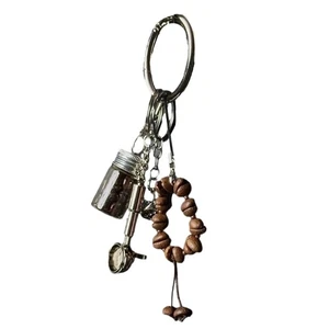 Artistic Metal Coffee Bean Ornament Braided Rope Detailing Compact Keychain - Picture 1 of 8