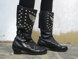 Easy Rider Biker Boots Genuine Leather Black 70s TRUE VINTAGE - Picture 1 of 13