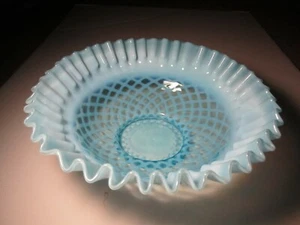 Big Antique Blue Opalescent Glass Bubble Lattice W/ Crimped Top Edge Round Bowl - Picture 1 of 3