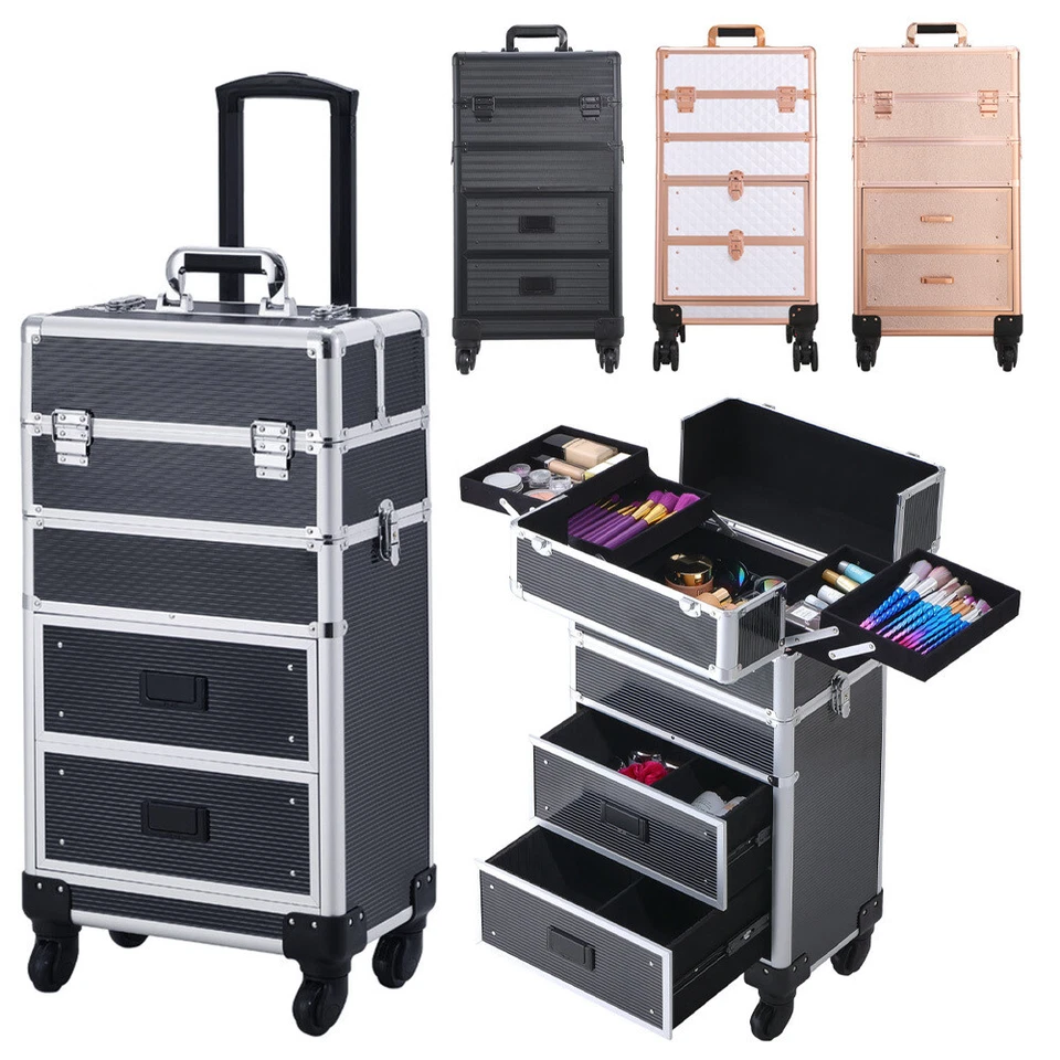 4 in 1 XL Makeup Trolley Beauty Trolley Case Drawers Hairdressing Case on Wheels