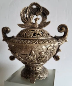 Antique White Copper 8 Immortals Crossing the Sea Incense Burner, Phoenix on Lid - Picture 1 of 17
