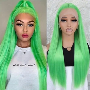 Women Long Straight 13x4 Frontal Lace Wigs Synthetic Hair Heat Resistant Green - Picture 1 of 7