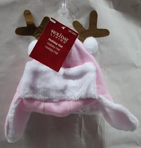 BABY GIRLS ANTLER EAR FLAP HAT Pink Cap Winter Christmas Newborn Infant NEW - Picture 1 of 2