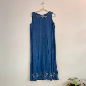 Jane Ashley – Vintage Embroidered Denim Sleeveless Maxi Dress Size M Petite - Picture 1 of 5