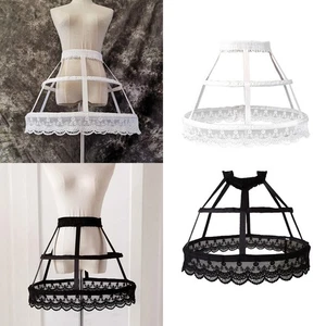 Women 2 Hoops Pannier Petticoat Skirt Wide Waistband Hollow Out Ruffles Birdcage - Picture 1 of 13