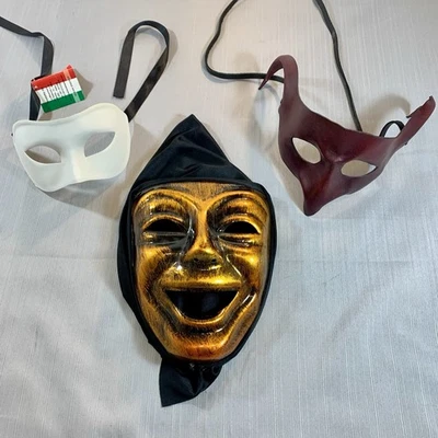 Venetian Masks Lot 3 Red Leather White Hard  Orange Plastic Hooded Venice Italy - Image 1 of 4