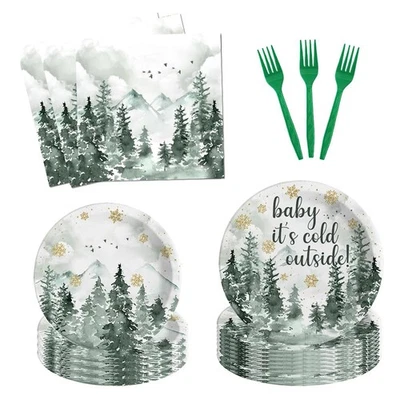 96 peças suprimentos de mesa para festa chá de bebê inverno floresta pratos e na... - Imagem 1 de 4