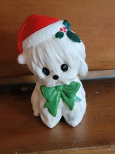 Estatuilla de maltés vintage de perro/cachorro blanco zurdo de Navidad con sombrero de Santa - Imagen 1 de 7