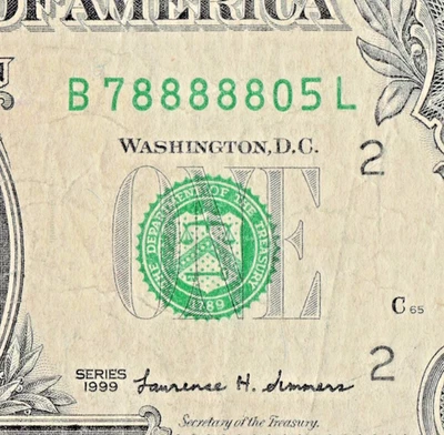 Five in a Row 8s Note 1999 One Dollar Fancy Serial Number B78888805L New York L - Image 1 of 4