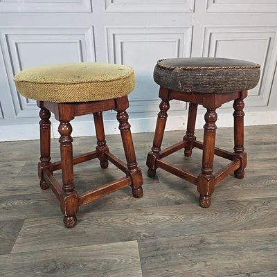 Vintage Pub Bar Stools - Low Upholstered Turned Wooden Seats - Home Man Cave - Image 1 of 4