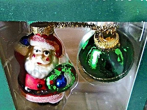 Hand Painted Blown Glass Christmas Ornament Decoration Santa & Green Ball NIB - Picture 1 of 3
