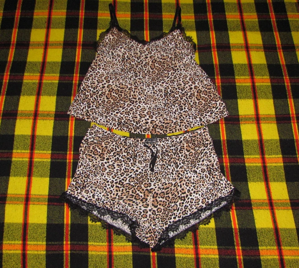 Pijama PJ Salvage Talla 1X Cordón Corto Negro Encaje Ribete Guepardo Foto 1 de 4