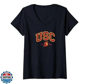 USC Womens Curved Block Logo with Cardinal Gold Trojan 1880 V-Neck T-Shirt - Picture 1 of 1