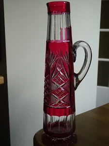 VAL SAINT LAMBERT ANCIENNE CANETTE PITCHER COLORER ROUGE CRISTAL TAILLER 35 cm - Picture 1 of 11