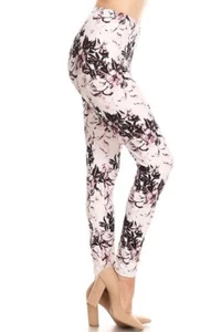 NUEVAS Leggings Cómodas para Damas ~ Torsión Floral ~ Negro Marfil con Acento Rosa ~ Talla 0-10 - Imagen 1 de 4