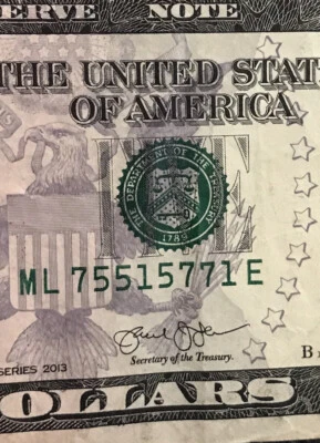 $5 Five Dollar Bill  7 5 5 1 5 7 7 1 Fancy Serial Number TRINARY NOTE 75515771 - Image 1 of 4