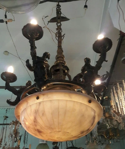 BEAUTIFUL GERMAN OR FRENCH ART NOUVEAU BRONZE FIGURES AND ALABASTER CHANDELIER Cover
