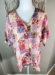 VTG 100% Silk Blouse Cottage Core Short Sleeve Beige Mauve Wine Womens Large - Picture 1 of 12