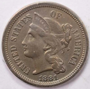 1881 3 centavos cobre níquel., A.U. Moneda circulada., tienda #1840 - Imagen 1 de 2