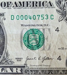 2021 $1 bill fancy serial, birthday date note. April 07, 1953 D00040753C - Picture 1 of 4