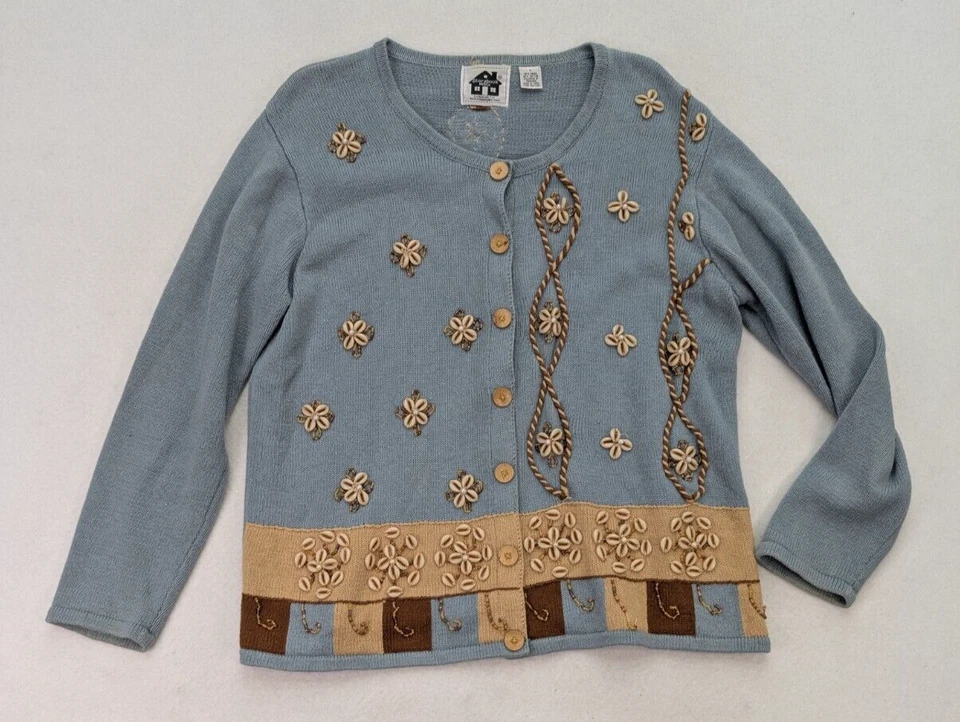 Suéter Tejido Libro de Cuentos Talla L Cárdigan Azul Concha de Mar Playa Océano Bordado Foto 1 de 4