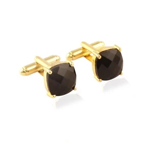 Black Onyx Cushion Shape Gold Plated Handmade Prong Set Men's Jewelry Cufflink - Picture 1 of 3