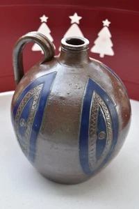 Portuguese STONE SALT GLAZE JUG with Handle Brown Cobalt Blue Hand-crafted VTG - Picture 1 of 7