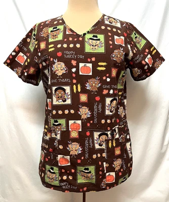 Thanksgiving Scrub Top Turkey Scrub Top Sz S Fall Holiday Scrubs Star Uniform - Image 1 of 4