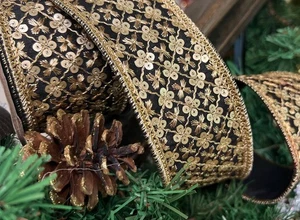 D.Stevens 2.5" Black & Gold Metallic Dupion Sequin Trim Ribbon Christmas Crafts - Picture 1 of 9