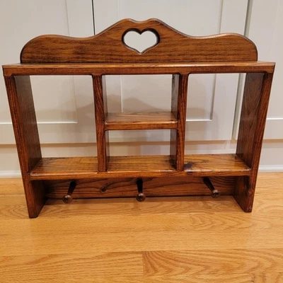 Wood Wall Heart Shelf W/4 Cubbies & 3 Pegs 20"x16 1/8" X 3 1/2" Knick Knack  - Image 1 of 4
