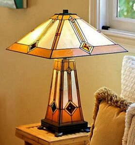 Tiffany Stained Glass Mission Table Lamp with Lighted Base