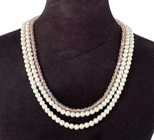 Triple Strand Necklace Faux Pearls Faceted Pink Glass Beads ?Missing Strand? - Picture 1 of 5