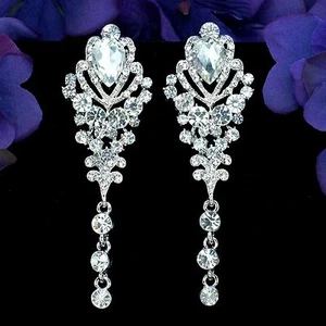 Women Clear Crystal Rhinestone Wedding Bridal Drop Dangle Earrings Silver 04046 - Picture 1 of 5