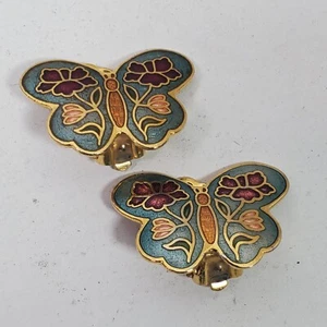 Vintage Clip Earrings Cloisonne Butterflies 2 Inch - Bild 1 von 3