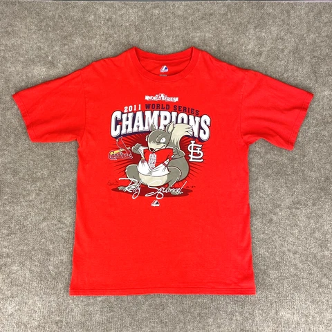 Majestic Shirt Mens L St Louis Cardinals 2011 World Series Rally Squirrel Red Cover