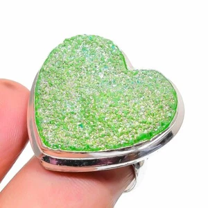 Green Titanium Druzy Heart Shape Gemstone Christmas Gift Jewelry Adjustable Ring - Picture 1 of 6