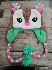 Justice Deer Reindeer Earflap Beanie Hat Candy Apple Green Poms Pink - Picture 1 of 4