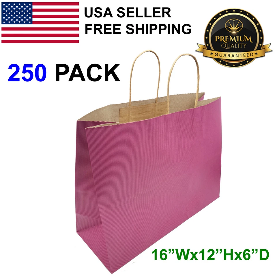 250包粉红色纸质购物牛皮零售礼品商品袋带手柄 — 第 1/1 张图片